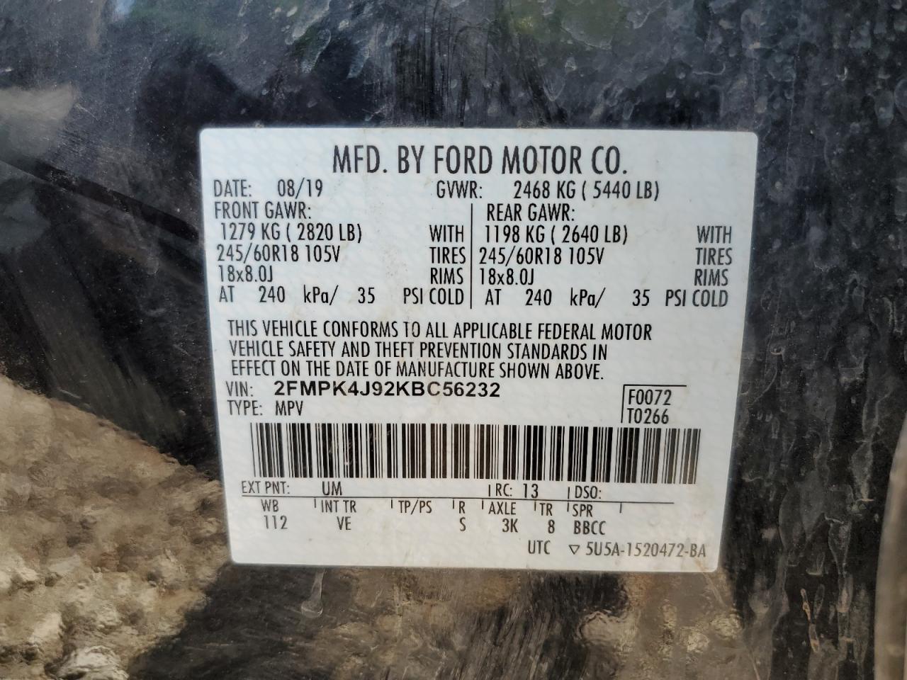 2019 Ford Edge VIN 2FMPK4J92KBC56232 Copart auction photo, side damage thumbnail 13
