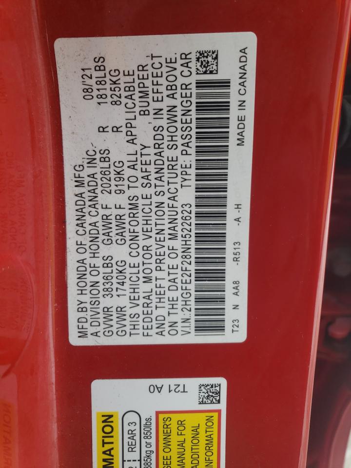 2022 Honda Civic VIN 2HGFE2F28NH522623 Copart auction photo, front end / side damage thumbnail 12