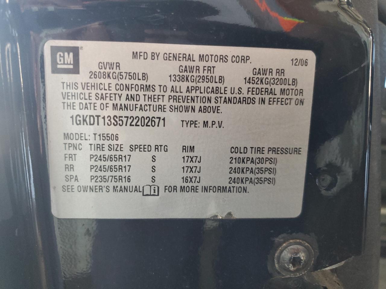 2007 GMC Envoy VIN 1GKDT13S572202671 Copart auction photo, frame damage damage thumbnail 13