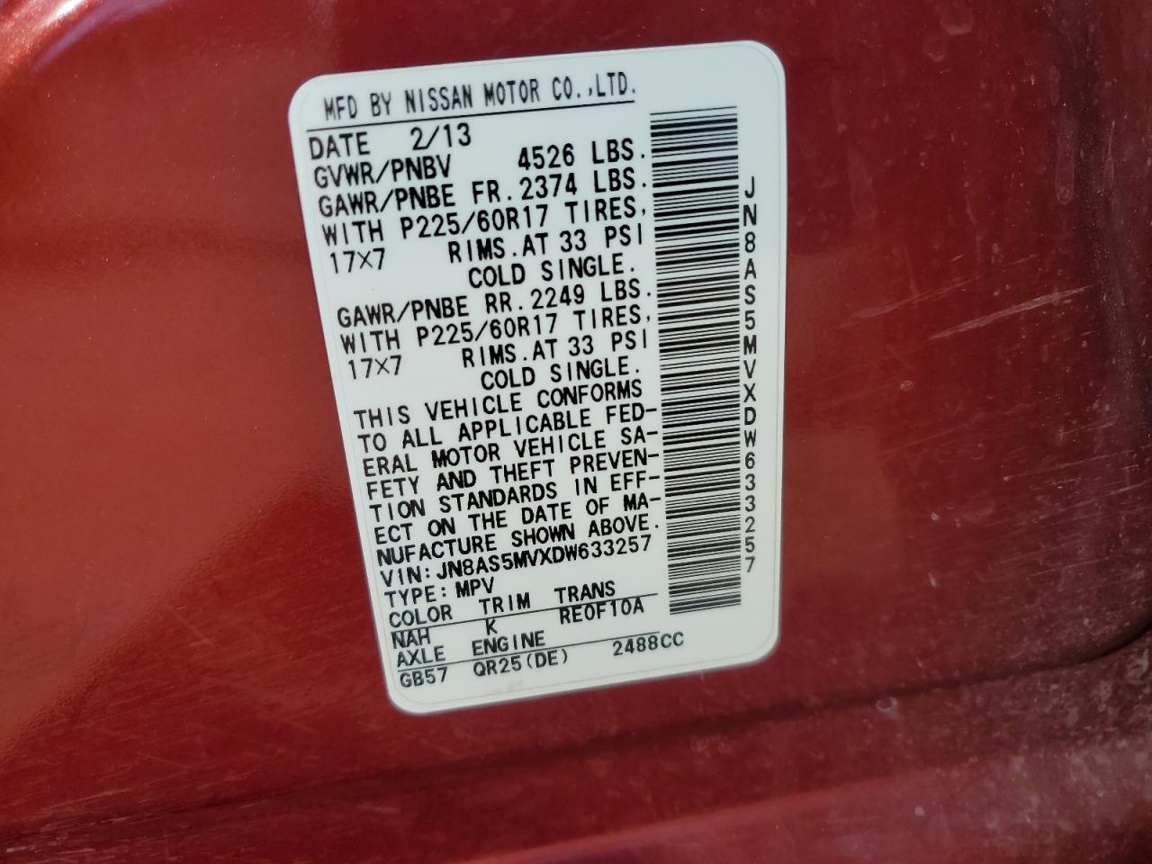 2013 Nissan Rogue VIN JN8AS5MVXDW633257 Copart auction photo, rear end damage thumbnail 15