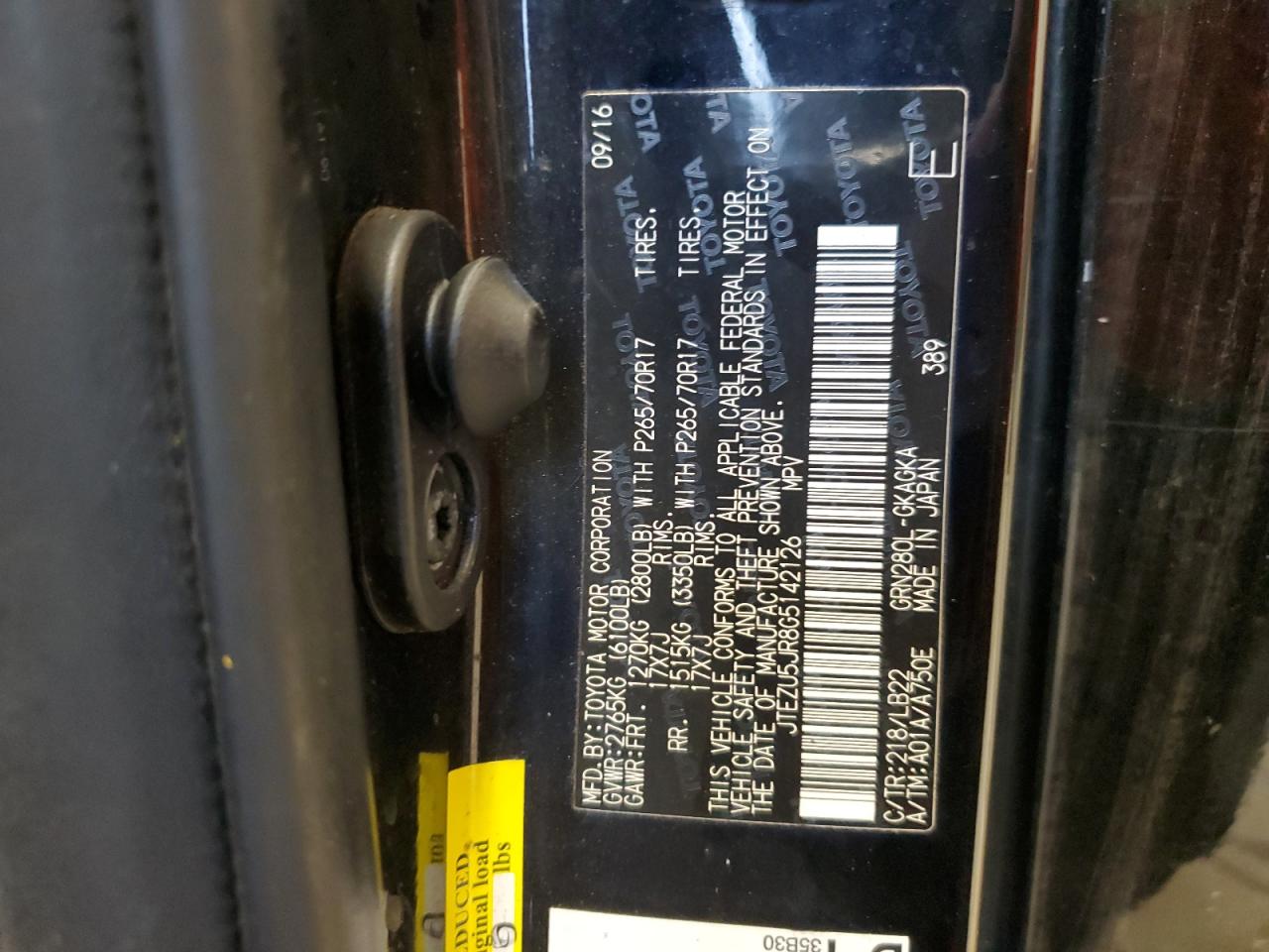 2016 Toyota 4Runner VIN JTEZU5JR8G5142126 Copart auction photo, all over / burn damage thumbnail 13