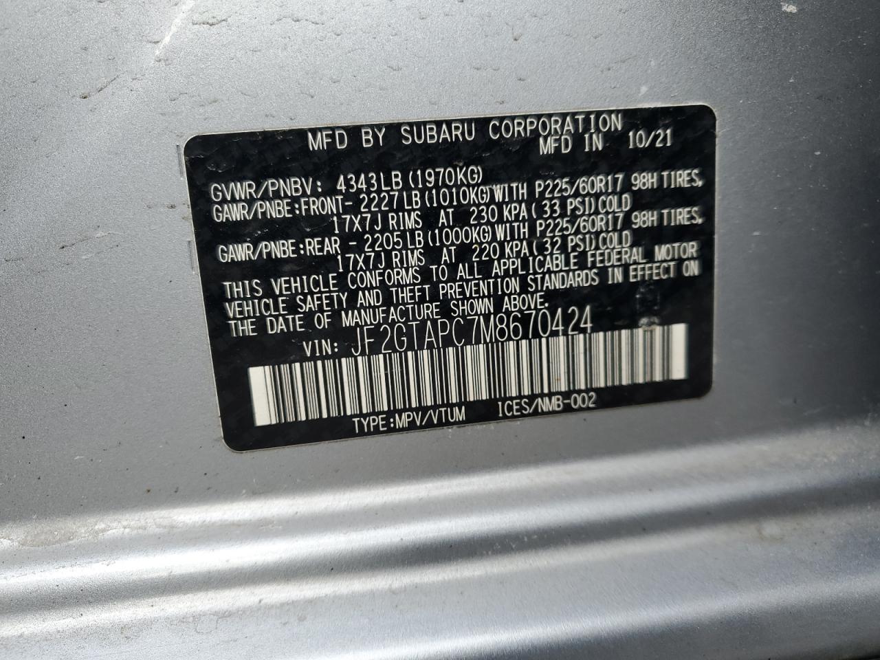 2021 Subaru XV VIN JF2GTAPC7M8670424 Copart auction photo, rear end / minor dent/scratches damage thumbnail 12