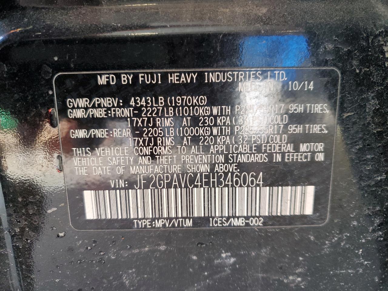 2014 Subaru XV VIN JF2GPAVC4EH346064 Copart auction photo, front end damage thumbnail 12