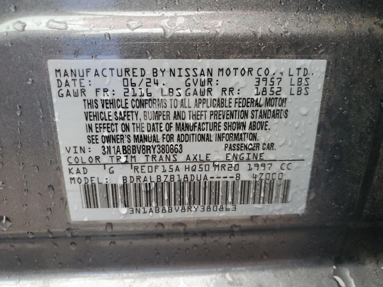 2024 Nissan Sentra VIN 3N1AB8BV8RY380863 Copart auction photo, side / rear end damage thumbnail 14