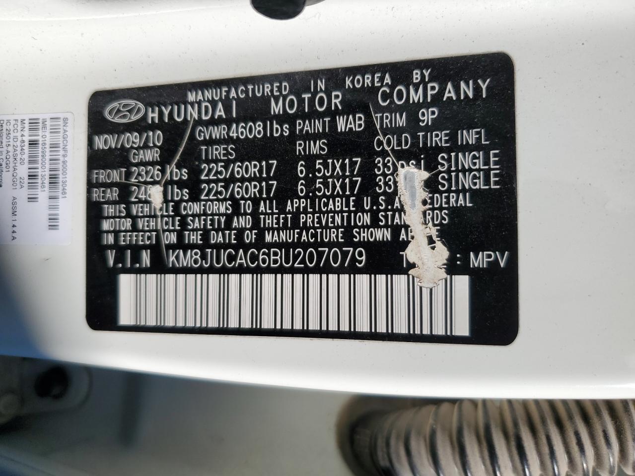 2011 Hyundai Tucson VIN KM8JUCAC6BU207079 Copart auction photo, rear end damage thumbnail 16
