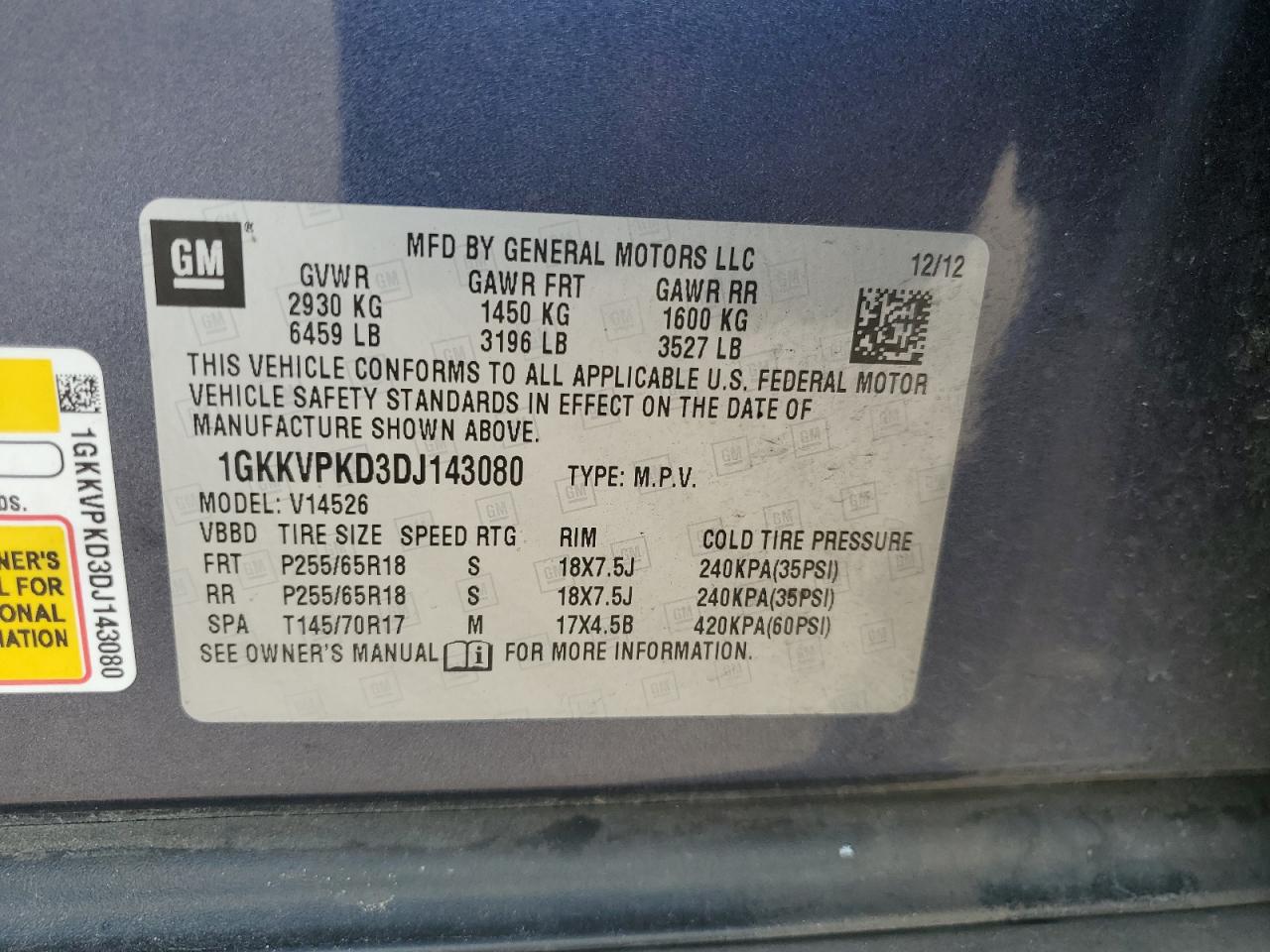2013 GMC Acadia VIN 1GKKVPKD3DJ143080 Copart auction photo, front end damage thumbnail 15