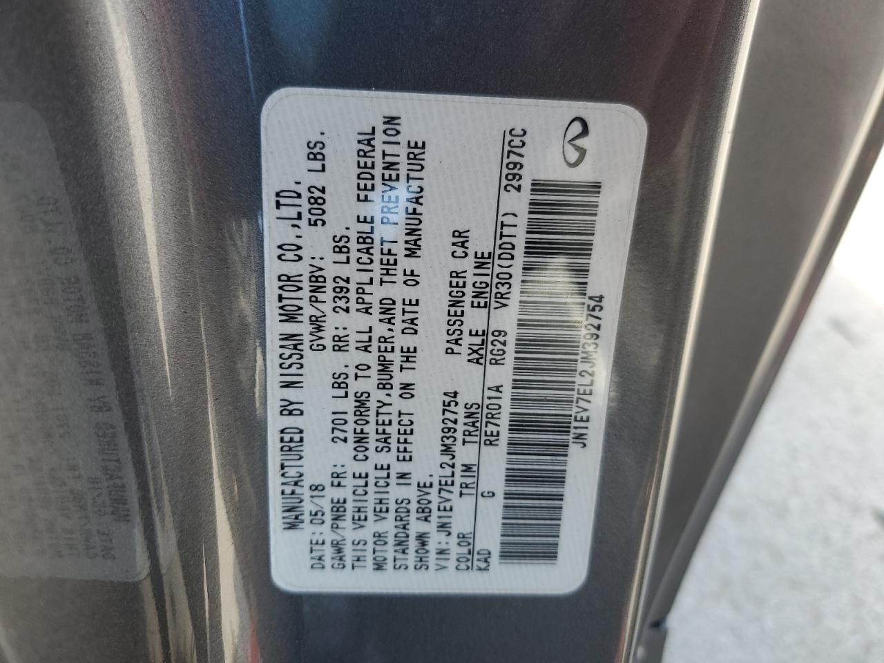 2018 Infiniti Q60 VIN JN1EV7EL2JM392754 Copart auction photo, front end damage thumbnail 12