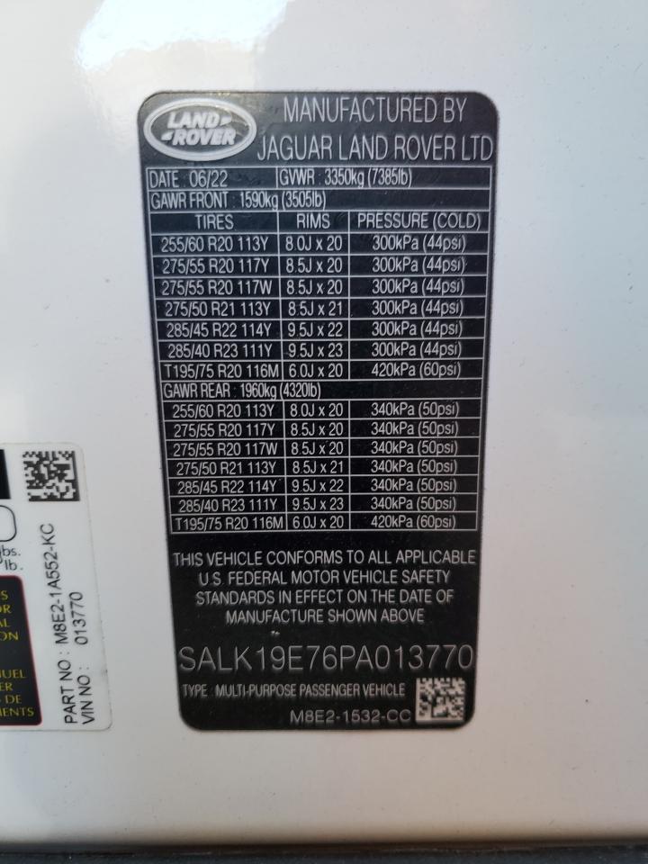 2023 Land Rover Range Rover VIN SALK19E76PA013770 Copart auction photo, front end / side damage thumbnail 13
