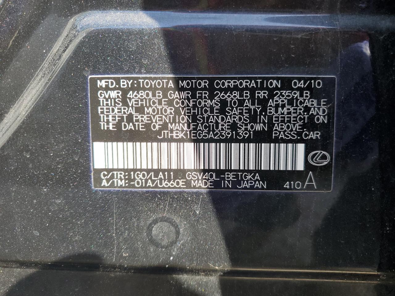 2010 Lexus ES VIN JTHBK1EG5A2391391 Copart auction photo, rear end / side damage thumbnail 12