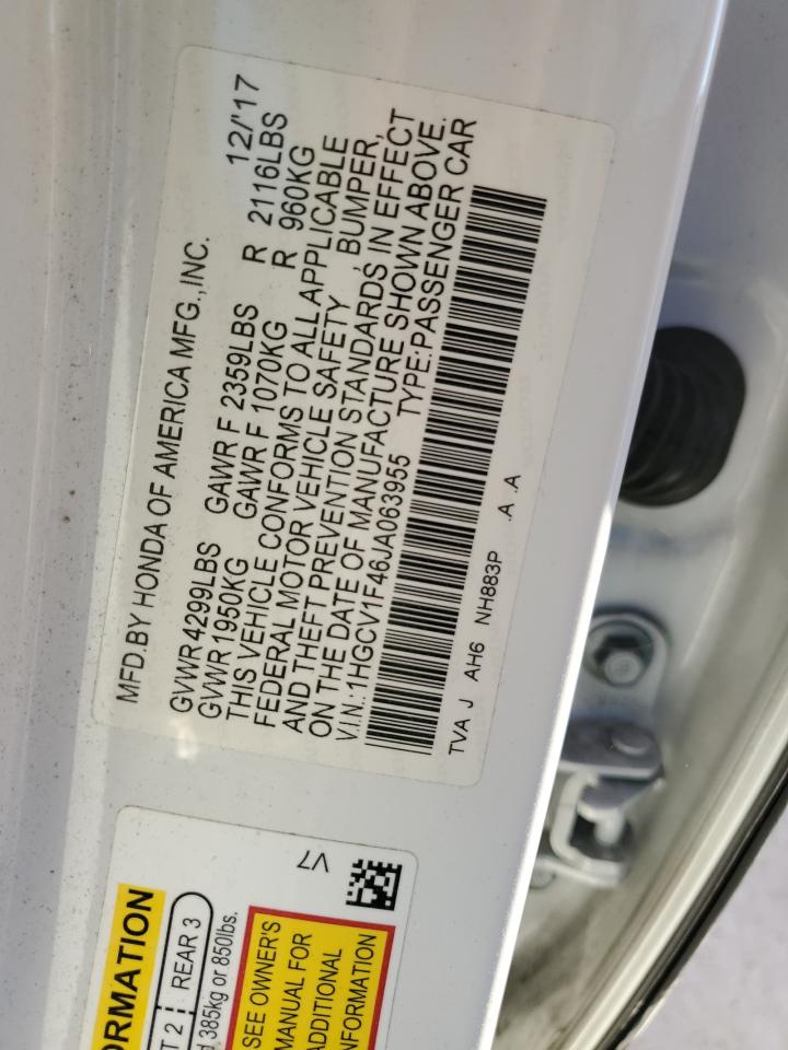 2018 Honda Accord VIN 1HGCV1F46JA063955 Copart auction photo, rear end / side damage thumbnail 14