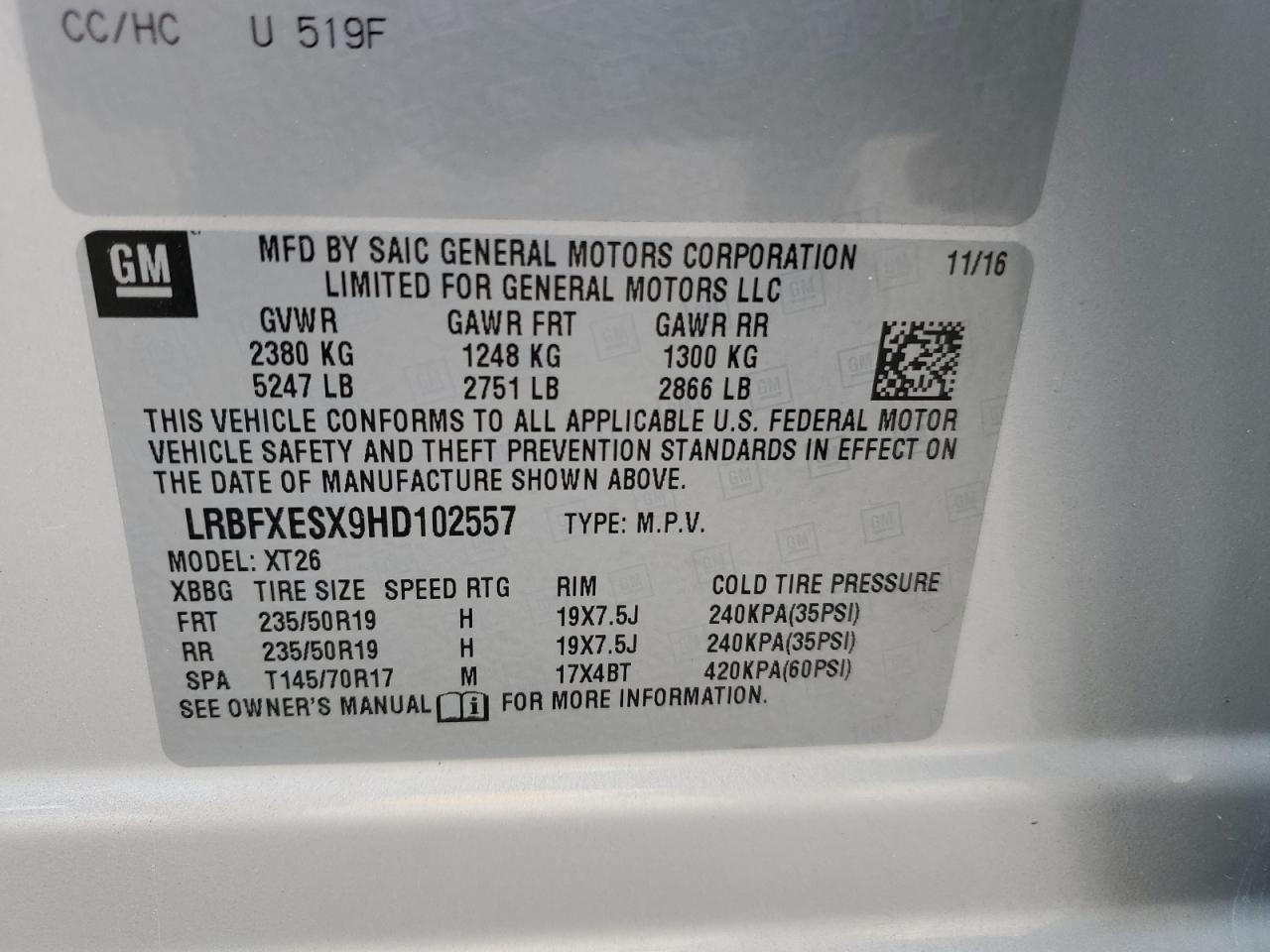 2017 Buick Envision VIN LRBFXESX9HD102557 Copart auction photo, all over / mechanical damage thumbnail 15