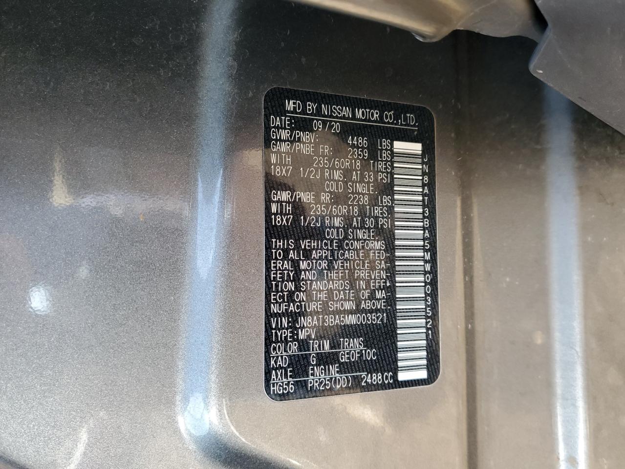2021 Nissan Rogue VIN JN8AT3BA5MW003521 Copart auction photo, front end damage thumbnail 15