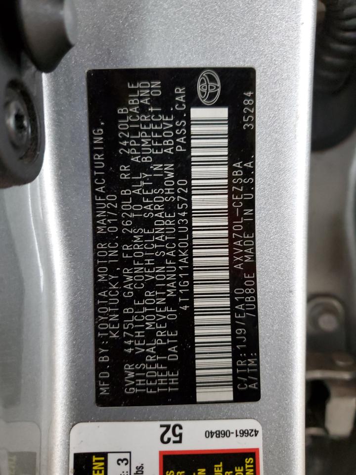 2020 Toyota Camry VIN 4T1G11AK0LU345720 Copart auction photo, rear end damage thumbnail 12