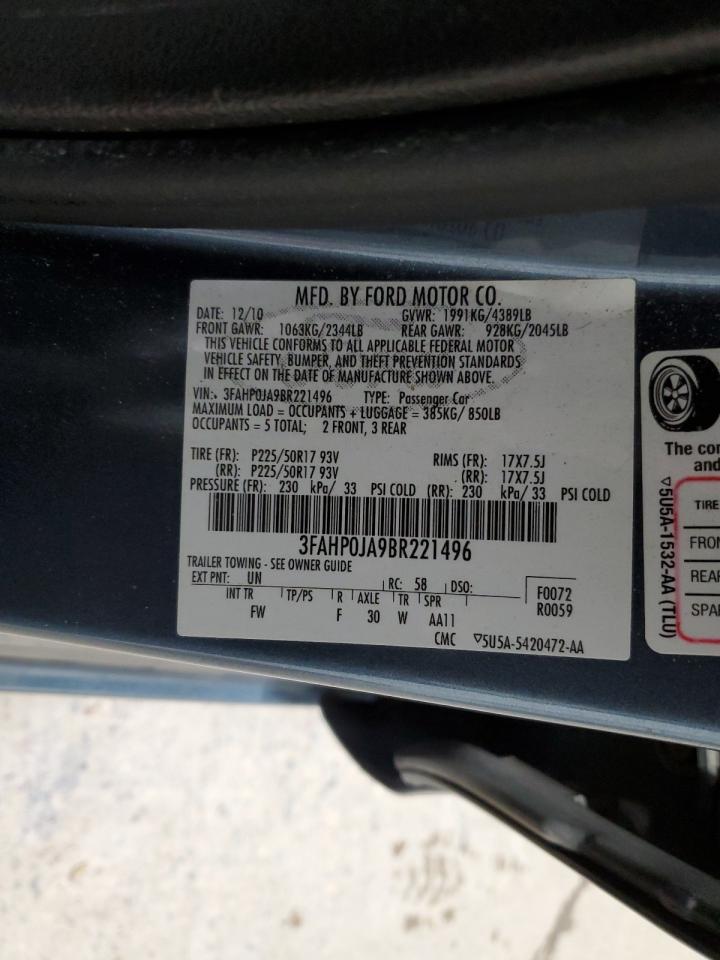 2011 Ford Fusion VIN 3FAHP0JA9BR221496 Copart auction photo, front end damage thumbnail 12