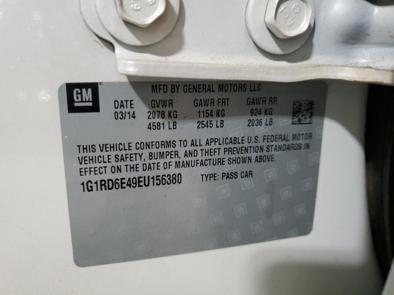 2014 Chevrolet Volt VIN 1G1RD6E49EU156380 Copart auction photo, front end damage thumbnail 13