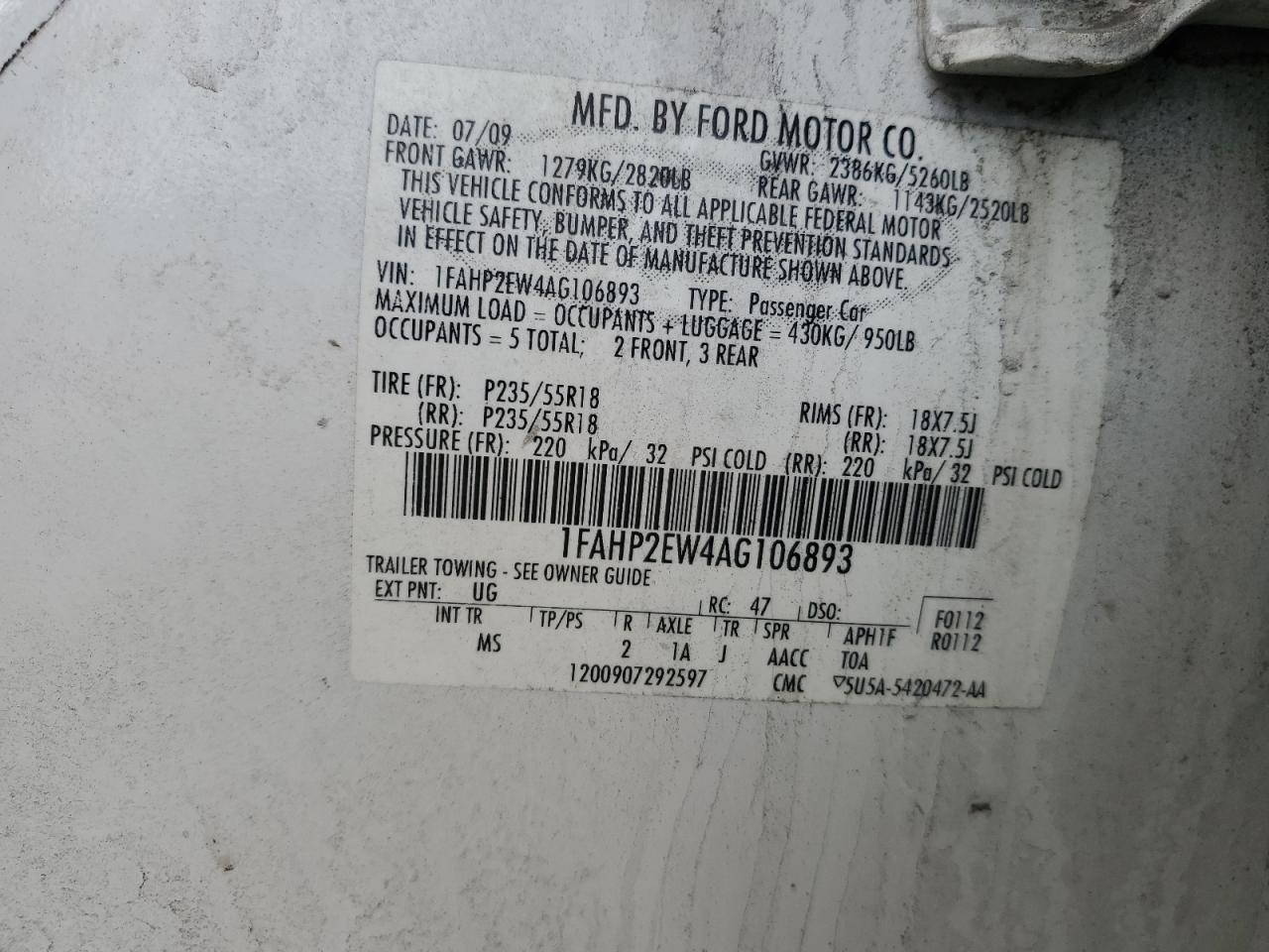 2010 Ford Taurus VIN 1FAHP2EW4AG106893 Copart auction photo, all over damage thumbnail 15