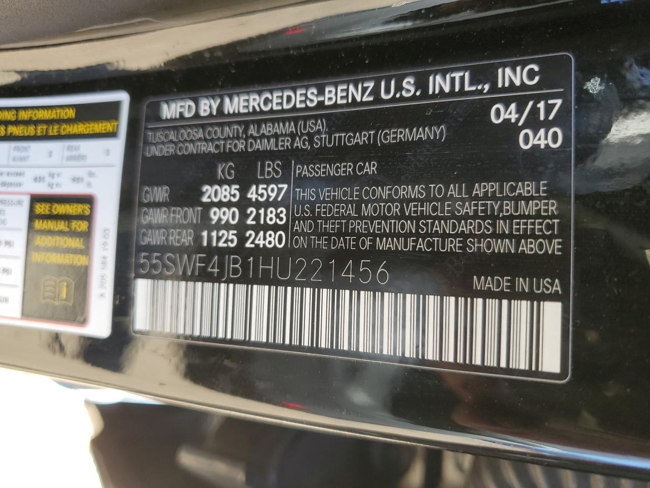 2017 Mercedes-Benz C-klasse VIN 55SWF4JB1HU221456 Copart auction photo, rear end damage thumbnail 12