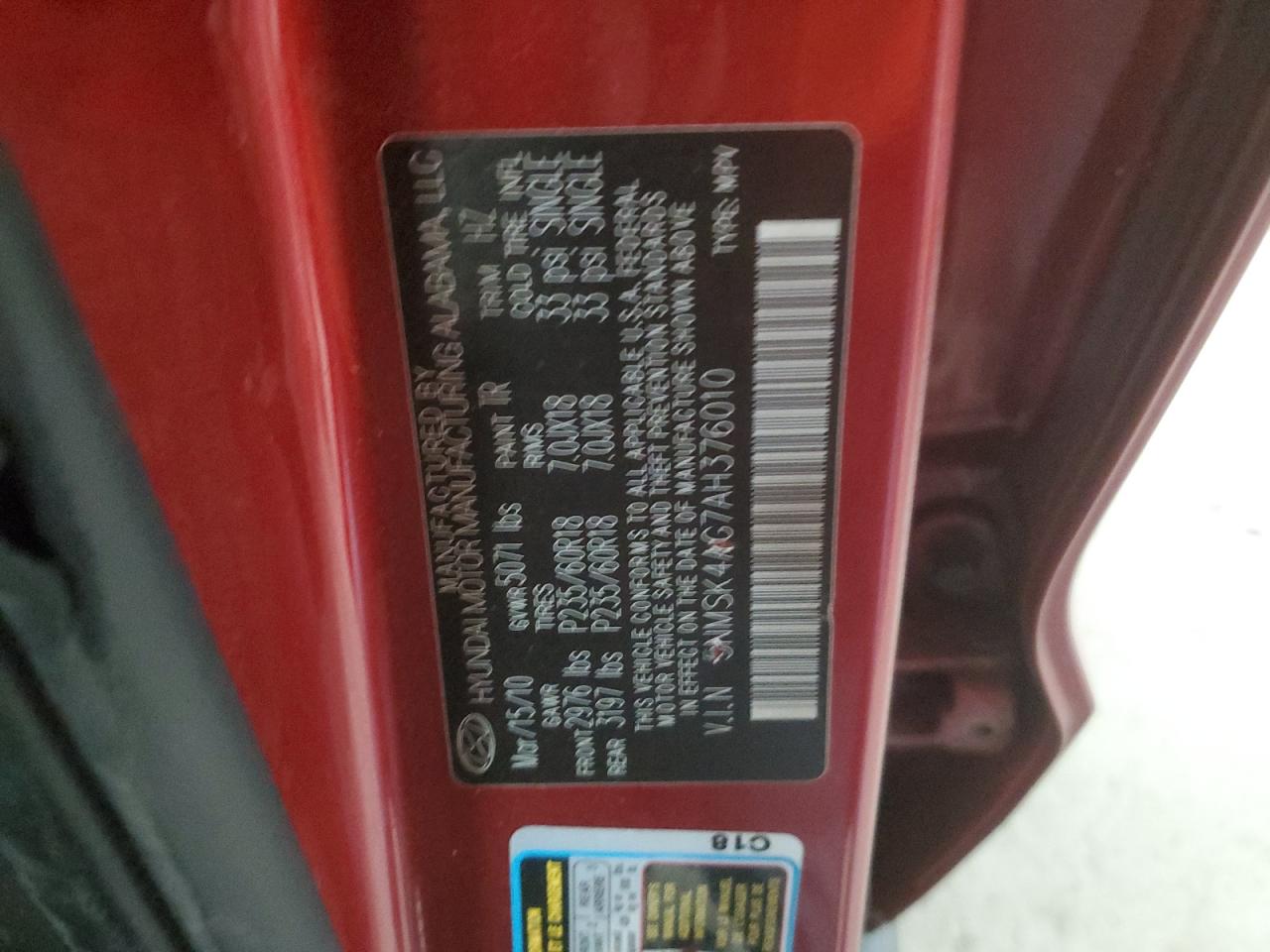 2010 Hyundai Santa Fe VIN 5NMSK4AG7AH376010 Copart auction photo, front end / side damage thumbnail 15