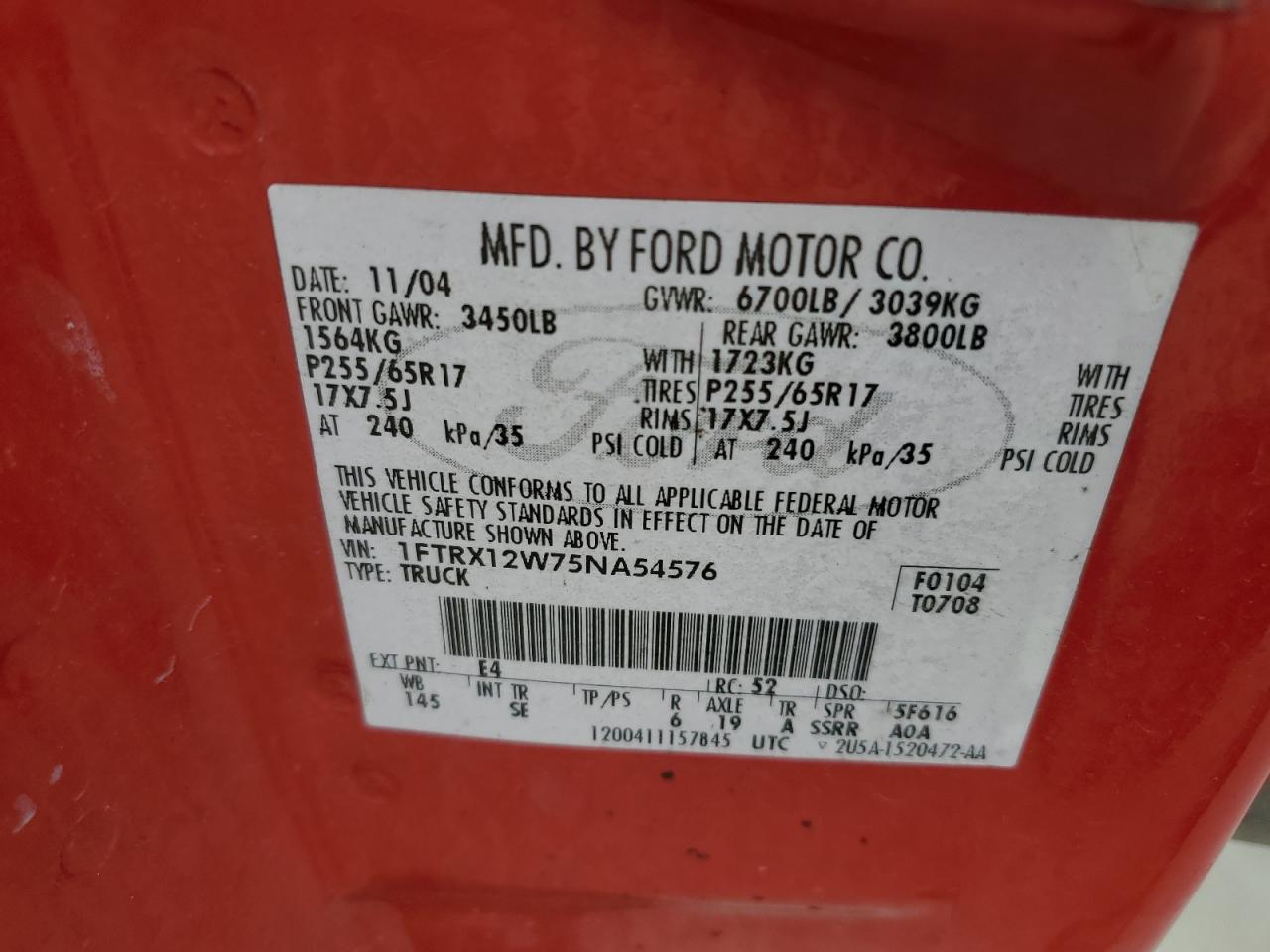 2005 Ford F-150 VIN 1FTRX12W75NA54576 Copart auction photo, front end / minor dent/scratches damage thumbnail 12