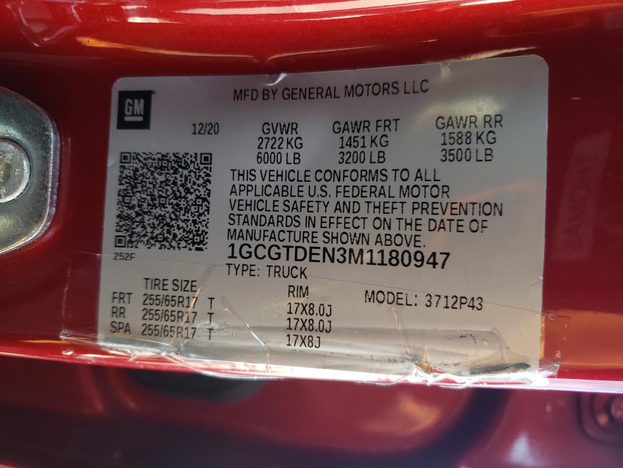 2021 Chevrolet Colorado VIN 1GCGTDEN3M1180947 Copart auction photo, rear end / minor dent/scratches damage thumbnail 12