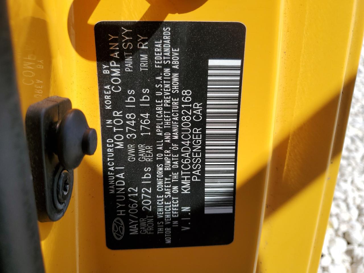 2012 Hyundai Veloster VIN KMHTC6AD4CU082168 Copart auction photo, front end damage thumbnail 12