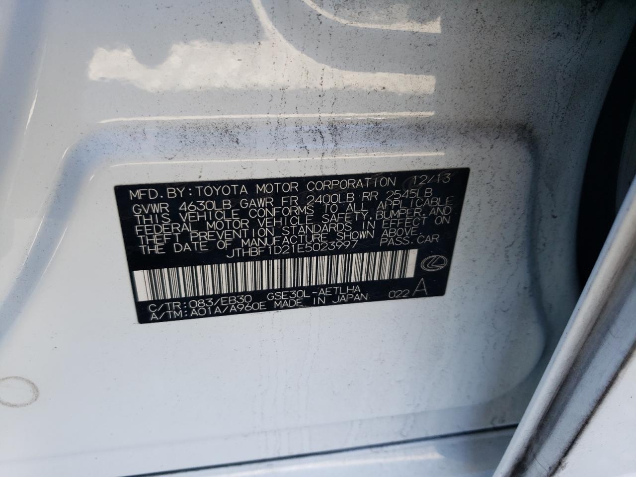 2014 Lexus IS VIN JTHBF1D21E5023997 Copart auction photo, front end / minor dent/scratches damage thumbnail 13