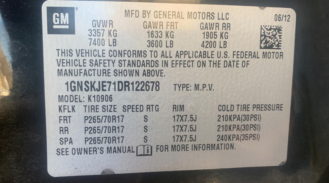 2013 Chevrolet Suburban VIN 1GNSKJE71DR122678 Copart auction photo, water/flood / minor dent/scratches damage thumbnail 10