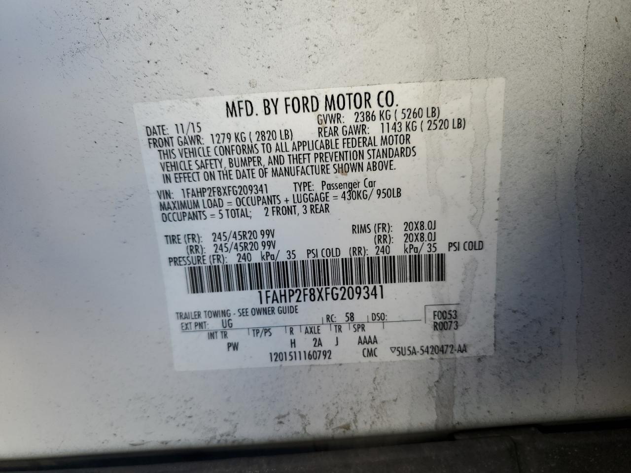 2015 Ford Taurus VIN 1FAHP2F8XFG209341 Copart auction photo, front end damage thumbnail 12