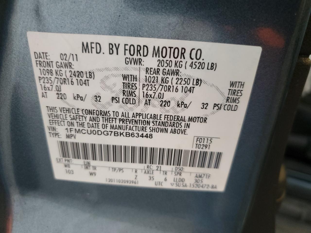 2011 Ford Escape VIN 1FMCU0DG7BKB63448 Copart auction photo, front end damage thumbnail 14