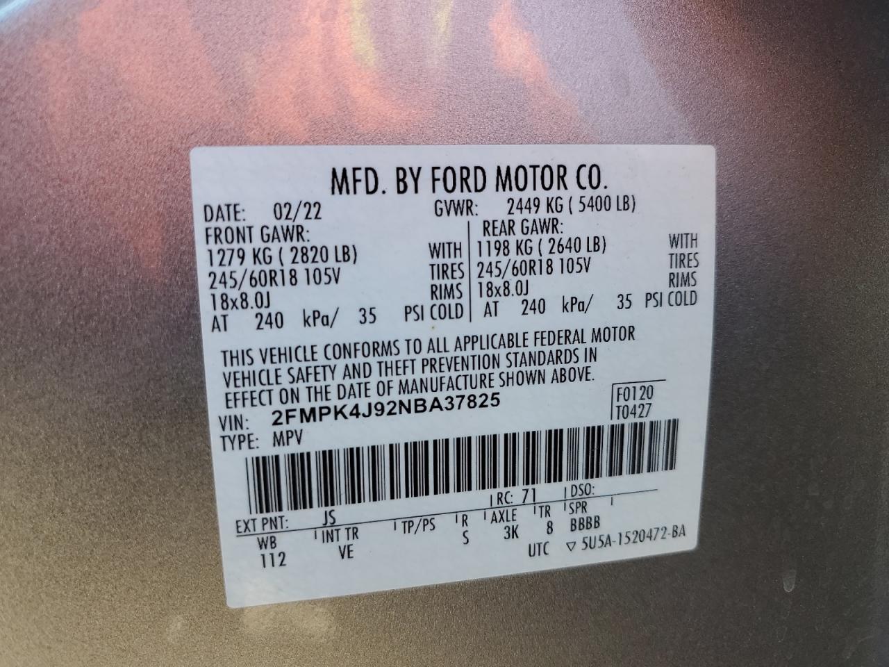 2022 Ford Edge VIN 2FMPK4J92NBA37825 Copart auction photo, mechanical damage thumbnail 13
