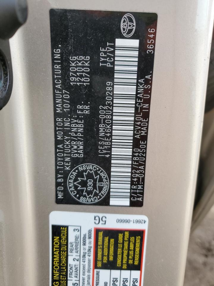 2008 Toyota Camry VIN 4T1BE46K08U230289 Copart auction photo, front end / side damage thumbnail 12