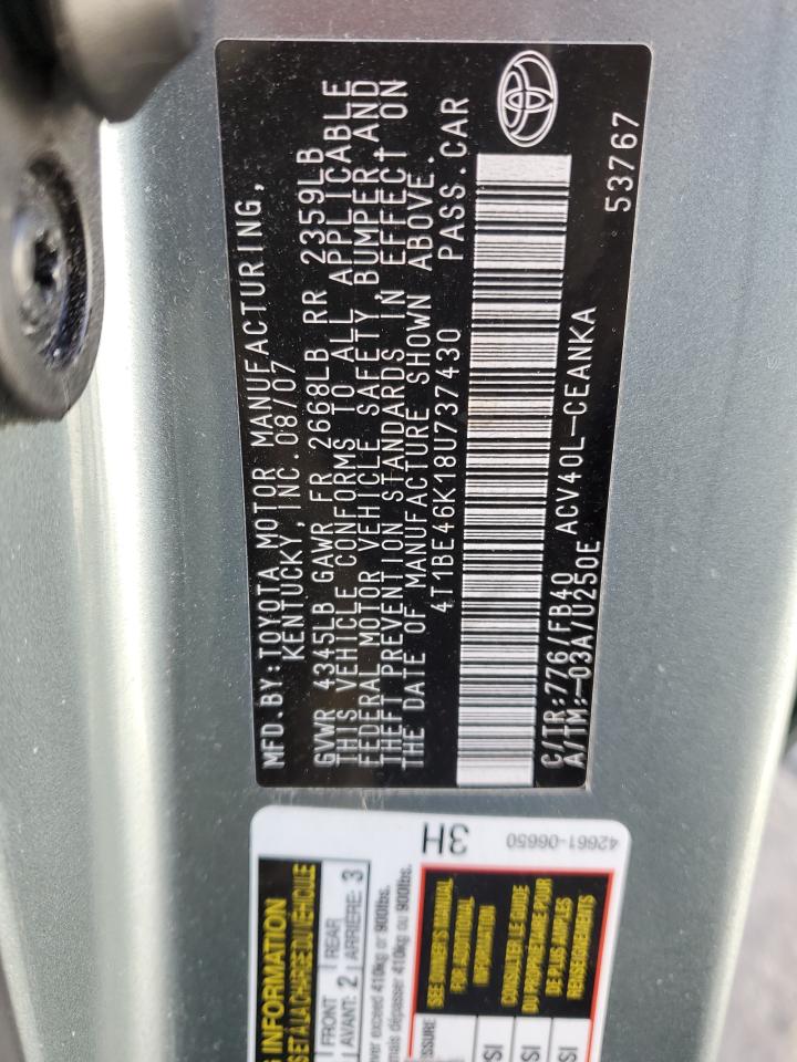 2008 Toyota Camry VIN 4T1BE46K18U737430 Copart auction photo, rear end damage thumbnail 13