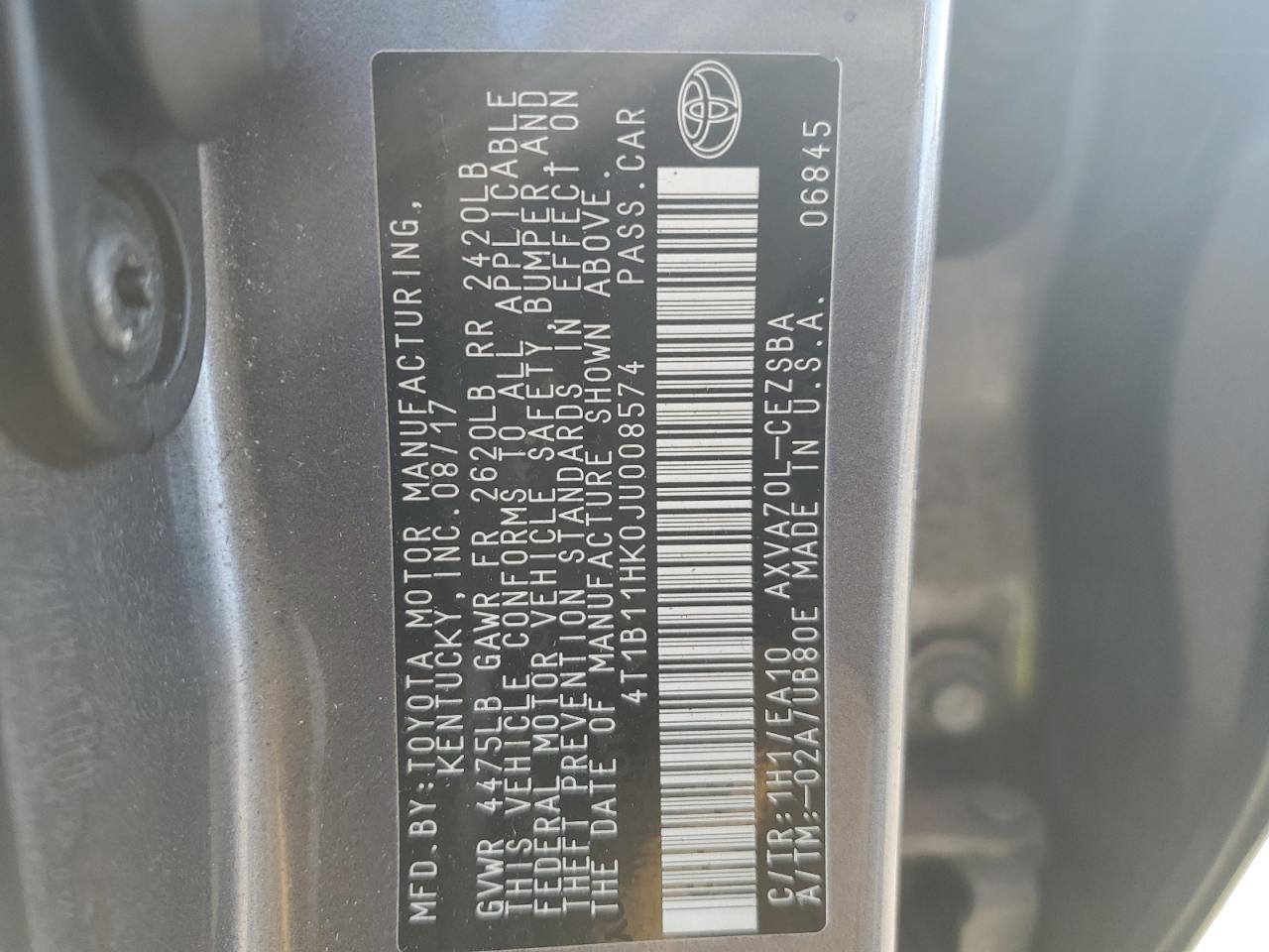 2018 Toyota Camry VIN 4T1B11HK0JU008574 Copart auction photo, front end / all over damage thumbnail 12