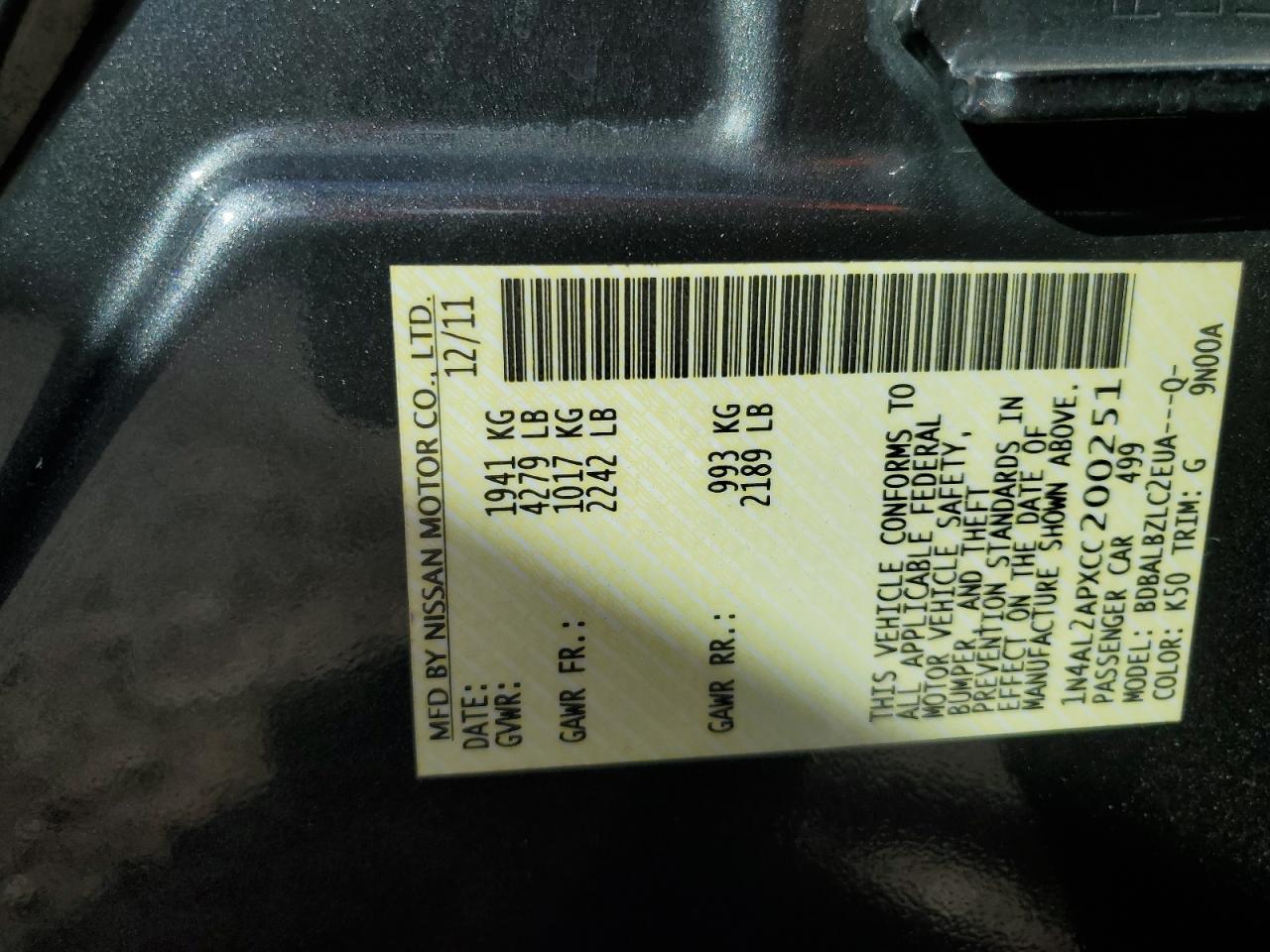 2012 Nissan Altima VIN 1N4AL2APXCC200251 Copart auction photo, front end damage thumbnail 14