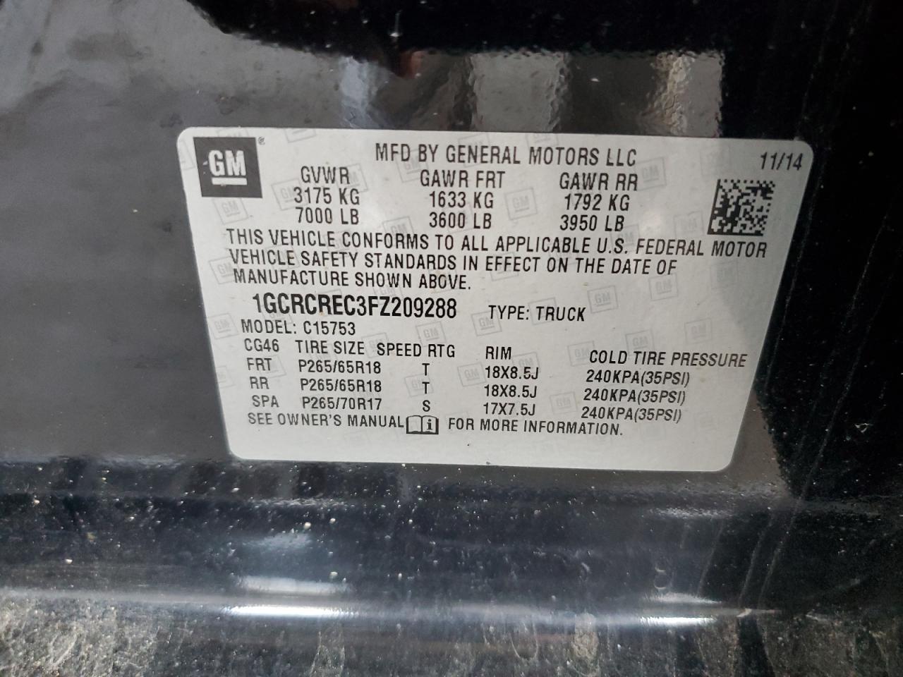 2015 Chevrolet Silverado VIN 1GCRCREC3FZ209288 Copart auction photo, front end damage thumbnail 12