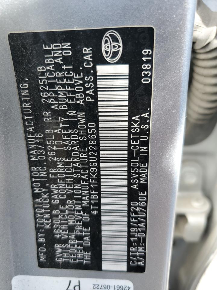 2016 Toyota Camry VIN 4T1BF1FK9GU228650 Copart auction photo, front end / rear end damage thumbnail 12