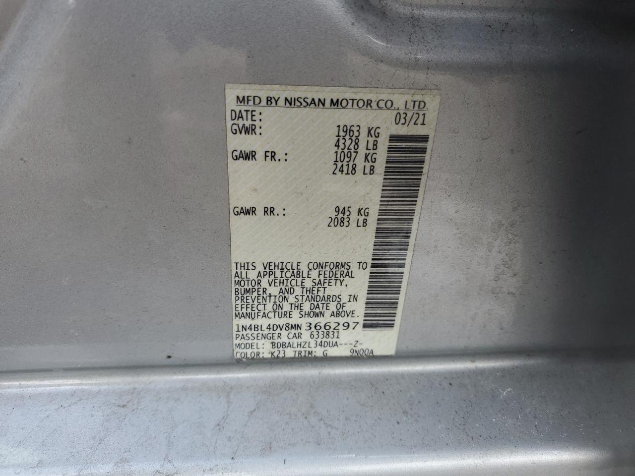 2021 Nissan Altima VIN 1N4BL4DV8MN366297 Copart auction photo, front end damage thumbnail 15