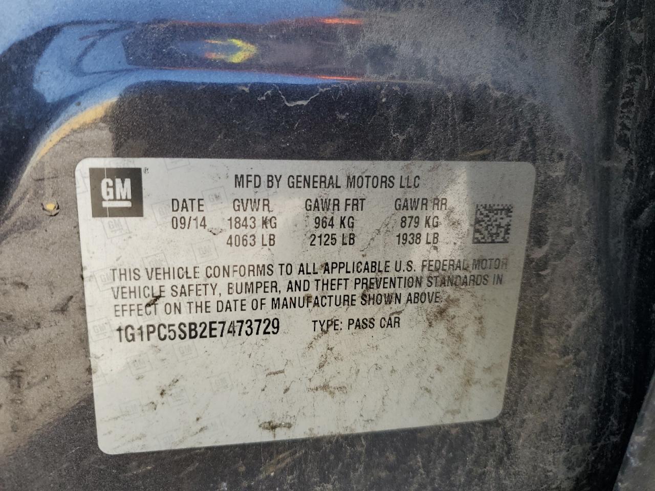 2014 Chevrolet Cruze VIN 1G1PC5SB2E7473729 Copart auction photo, rollover / undercarriage damage thumbnail 12