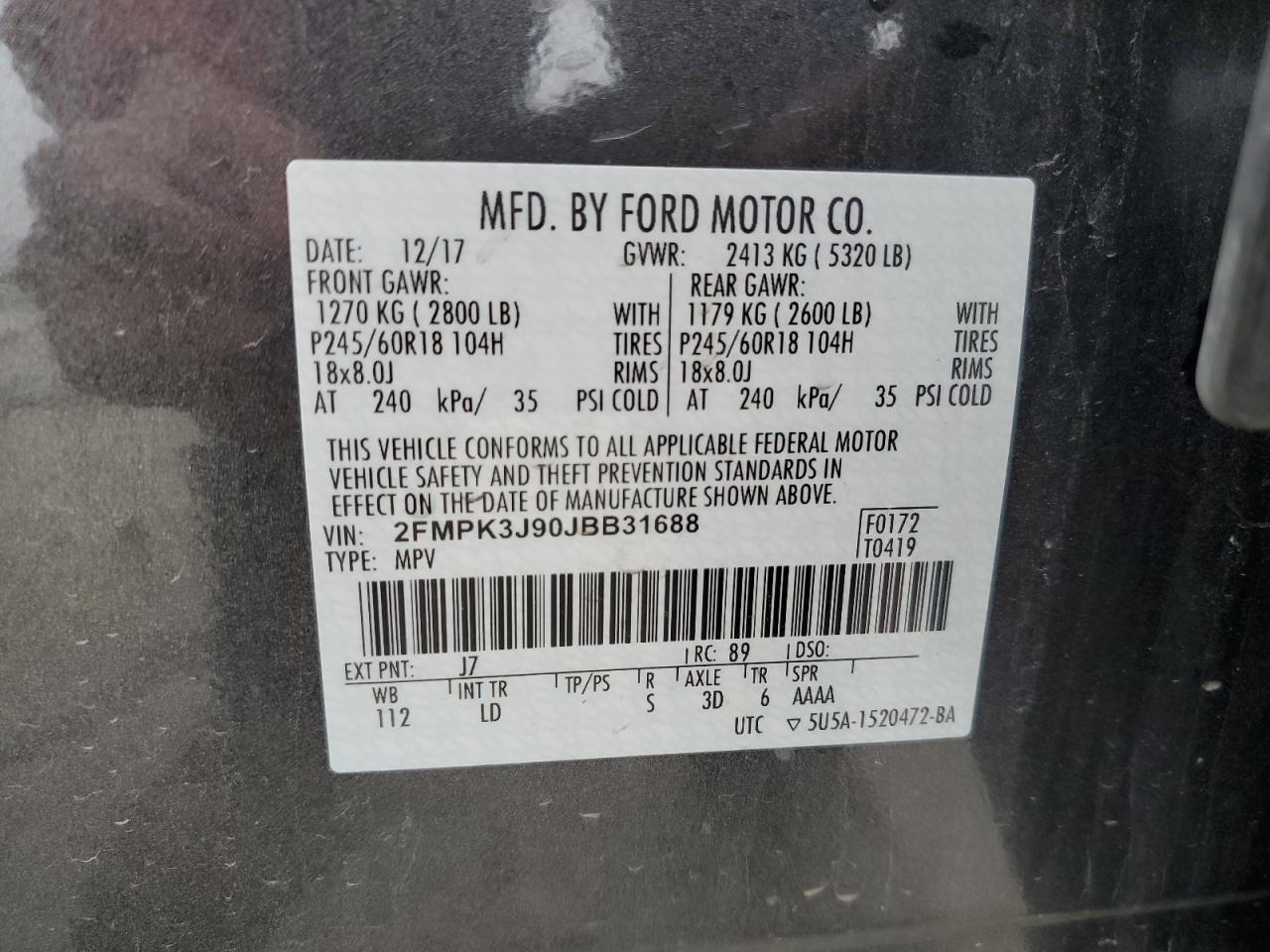 2018 Ford Edge VIN 2FMPK3J90JBB31688 Copart auction photo, front end / minor dent/scratches damage thumbnail 15