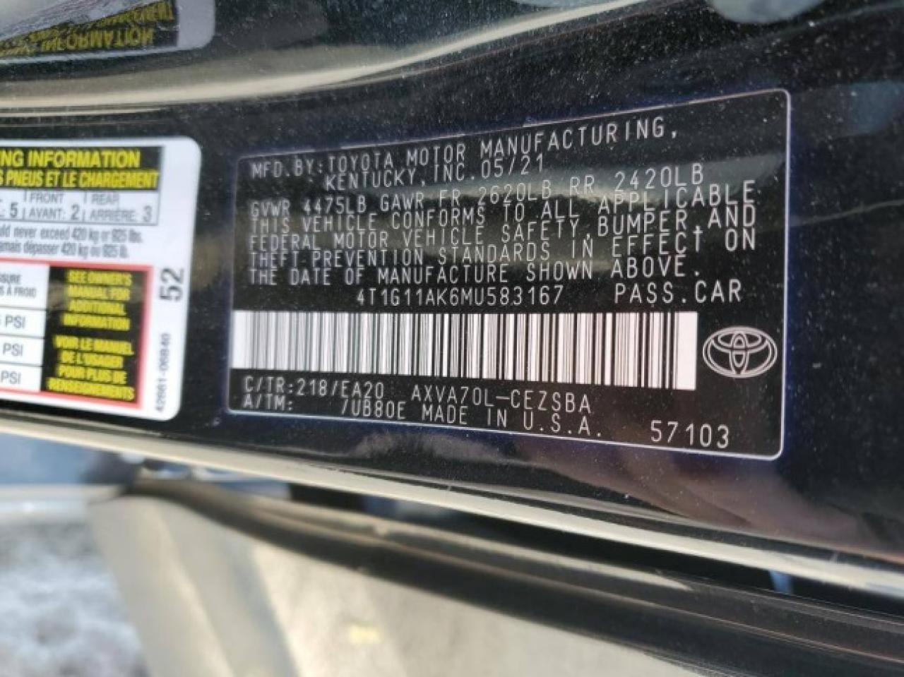 2021 Toyota Camry VIN 4T1G11AK6MU583167 Copart auction photo, front end damage thumbnail 14