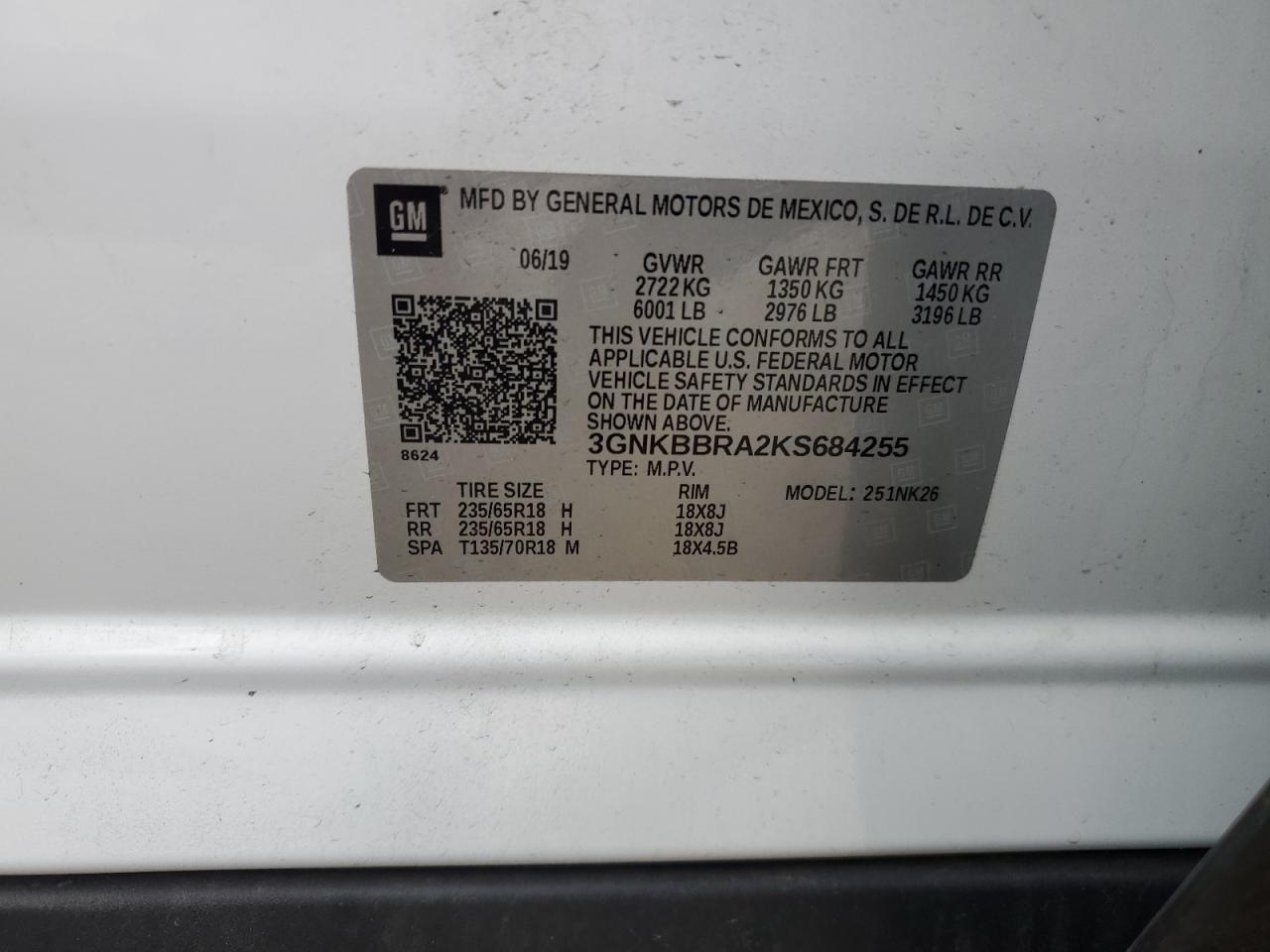 2019 Chevrolet Blazer VIN 3GNKBBRA2KS684255 Copart auction photo, front end damage thumbnail 15