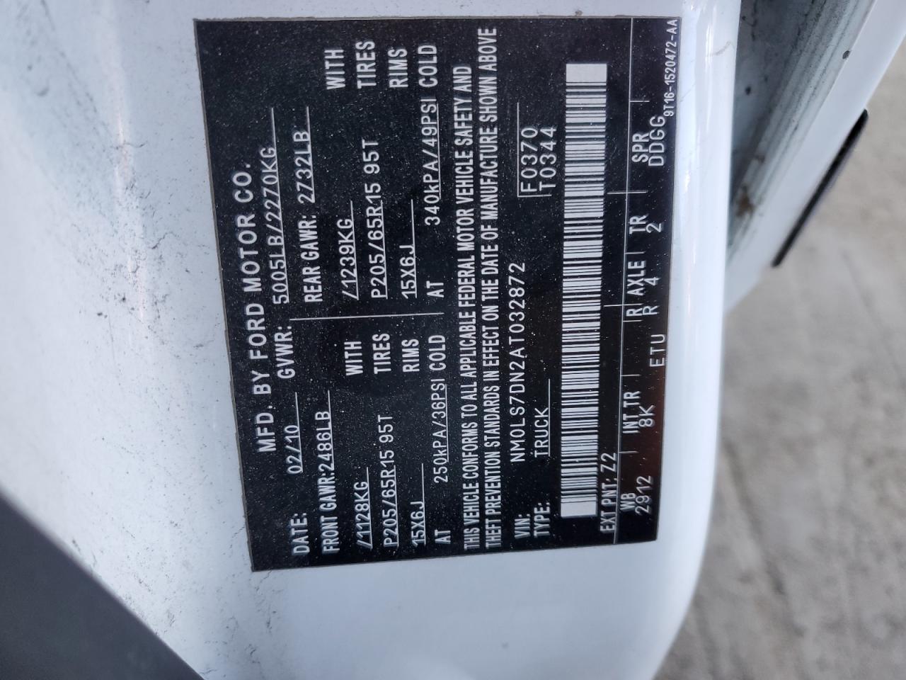 2010 Ford Transit VIN NM0LS7DN2AT032872 Copart auction photo, front end damage thumbnail 12