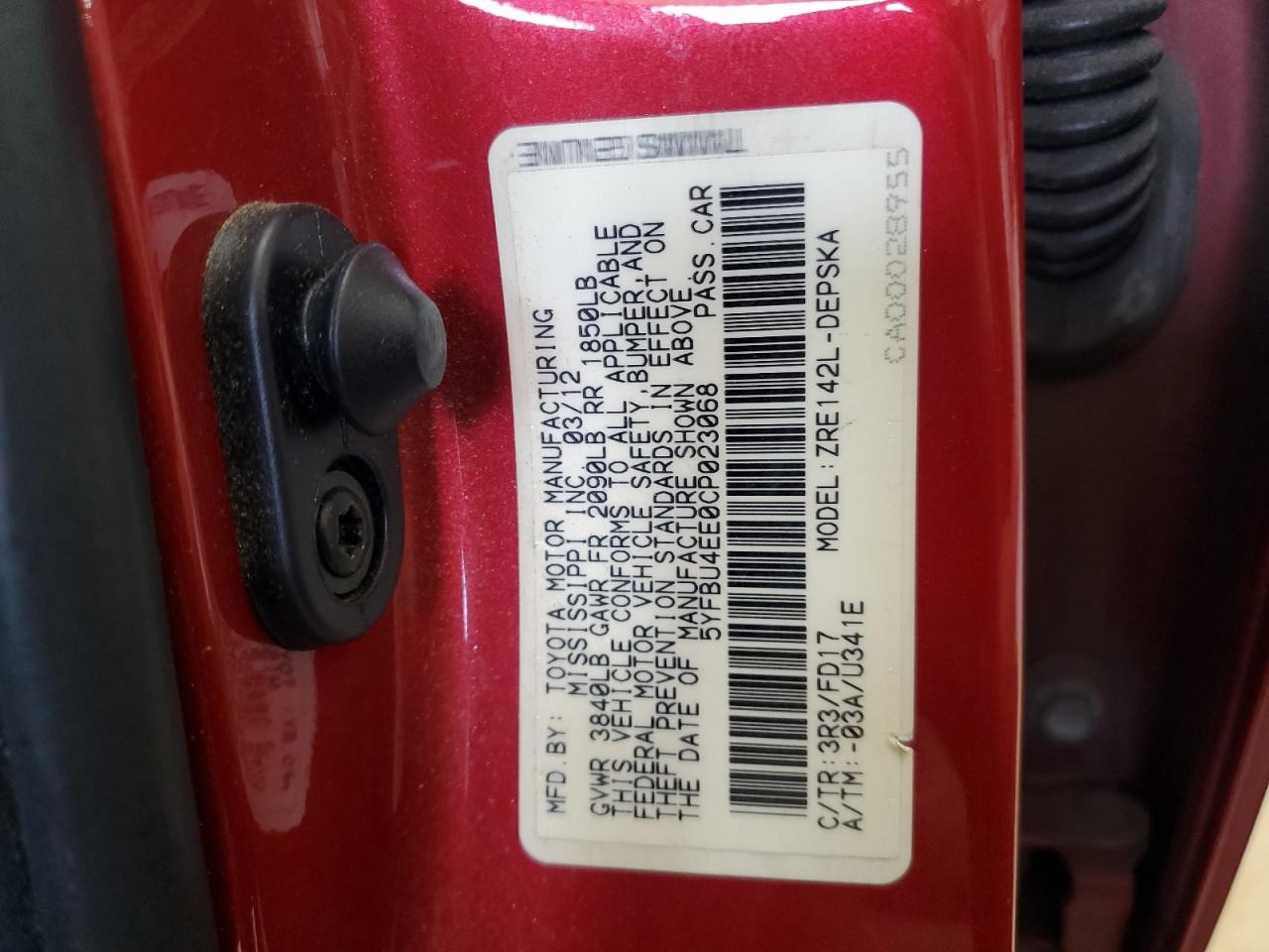 2012 Toyota Corolla VIN 5YFBU4EE0CP023068 Copart auction photo, front end / rear end damage thumbnail 12