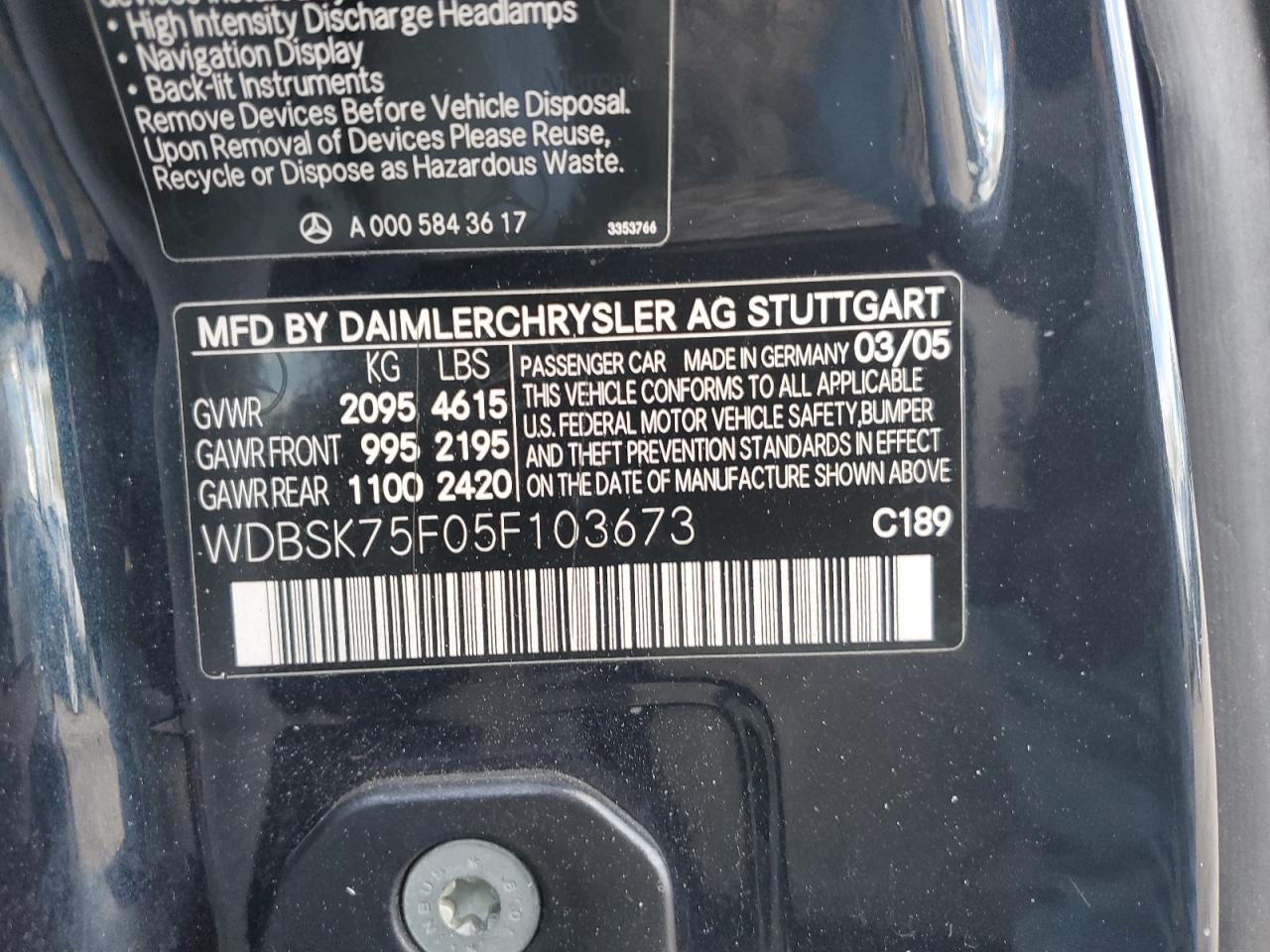 2005 Mercedes-Benz SL-klasse VIN WDBSK75F05F103673 Copart auction photo, rear end damage thumbnail 12