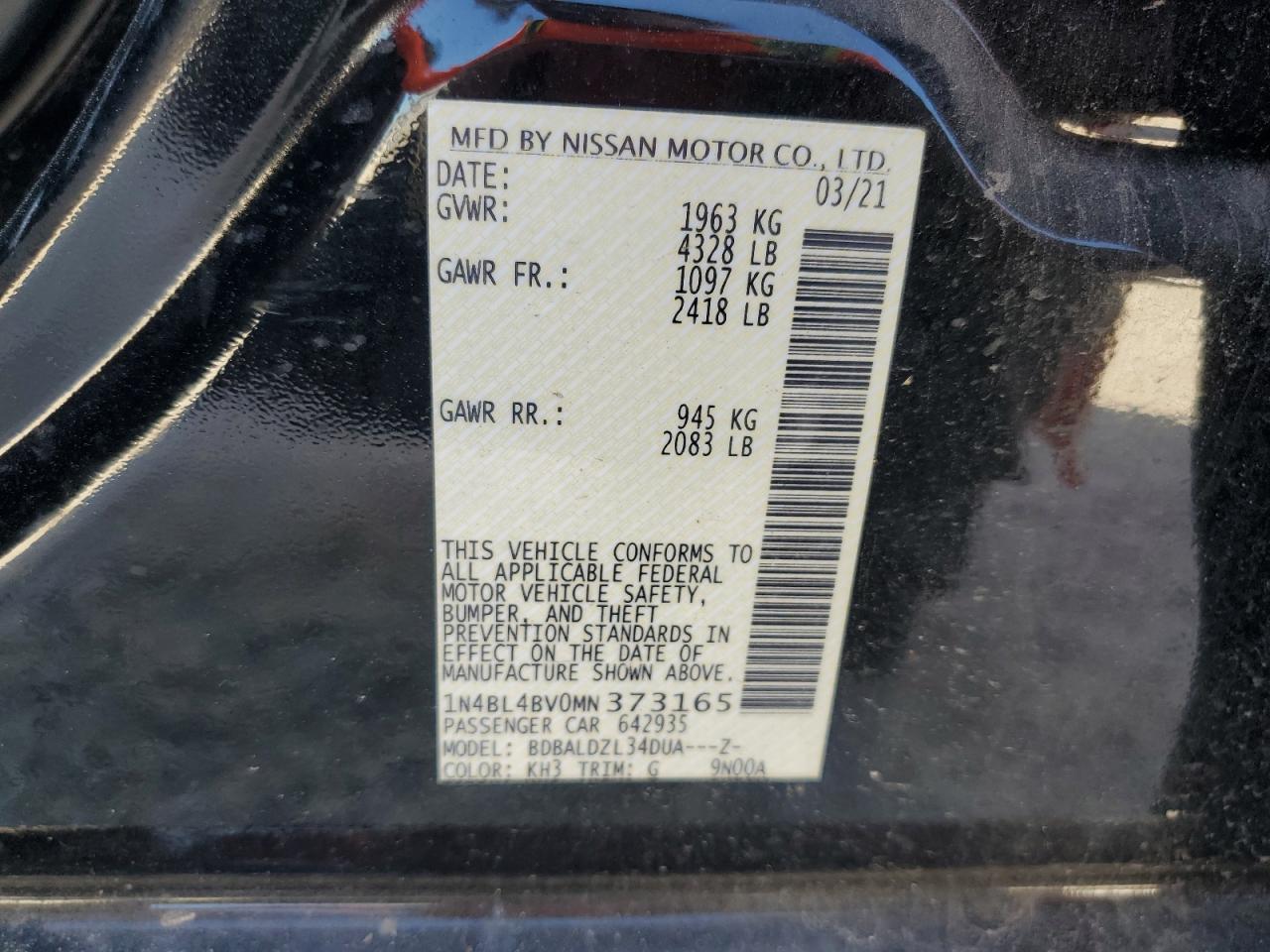 2021 Nissan Altima VIN 1N4BL4BV0MN373165 Copart auction photo, rear end / front end damage thumbnail 12