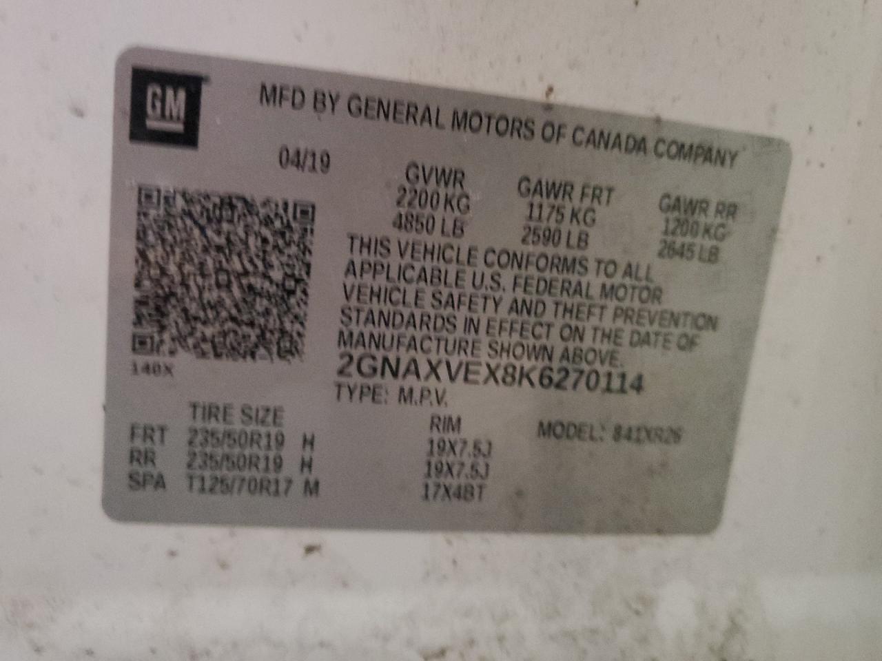 2019 Chevrolet Equinox VIN 2GNAXVEX8K6270114 Copart auction photo, front end damage thumbnail 12