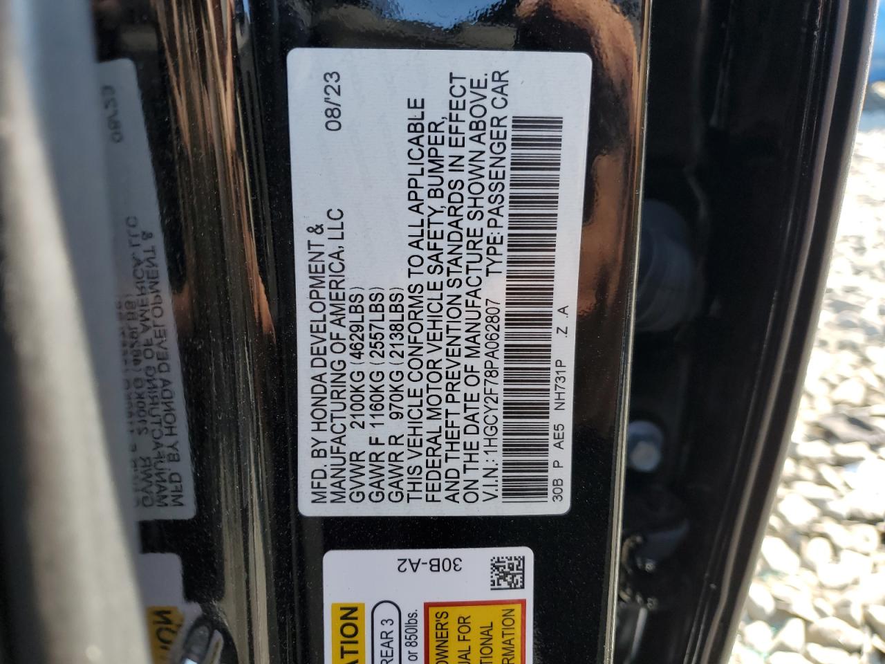 2023 Honda Accord VIN 1HGCY2F78PA062807 Copart auction photo, vandalism / minor dent/scratches damage thumbnail 14