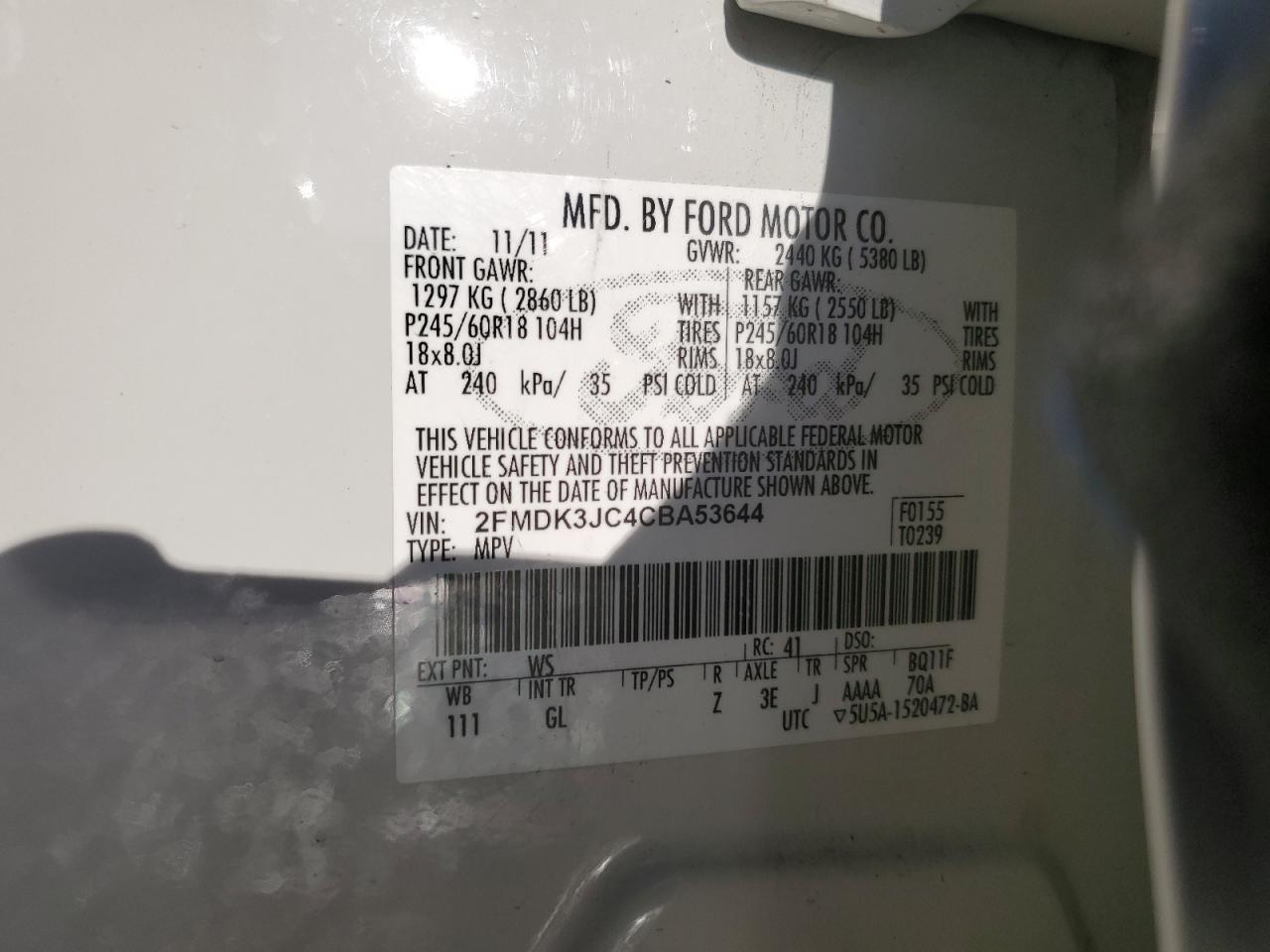 2012 Ford Edge VIN 2FMDK3JC4CBA53644 Copart auction photo, undercarriage damage thumbnail 13