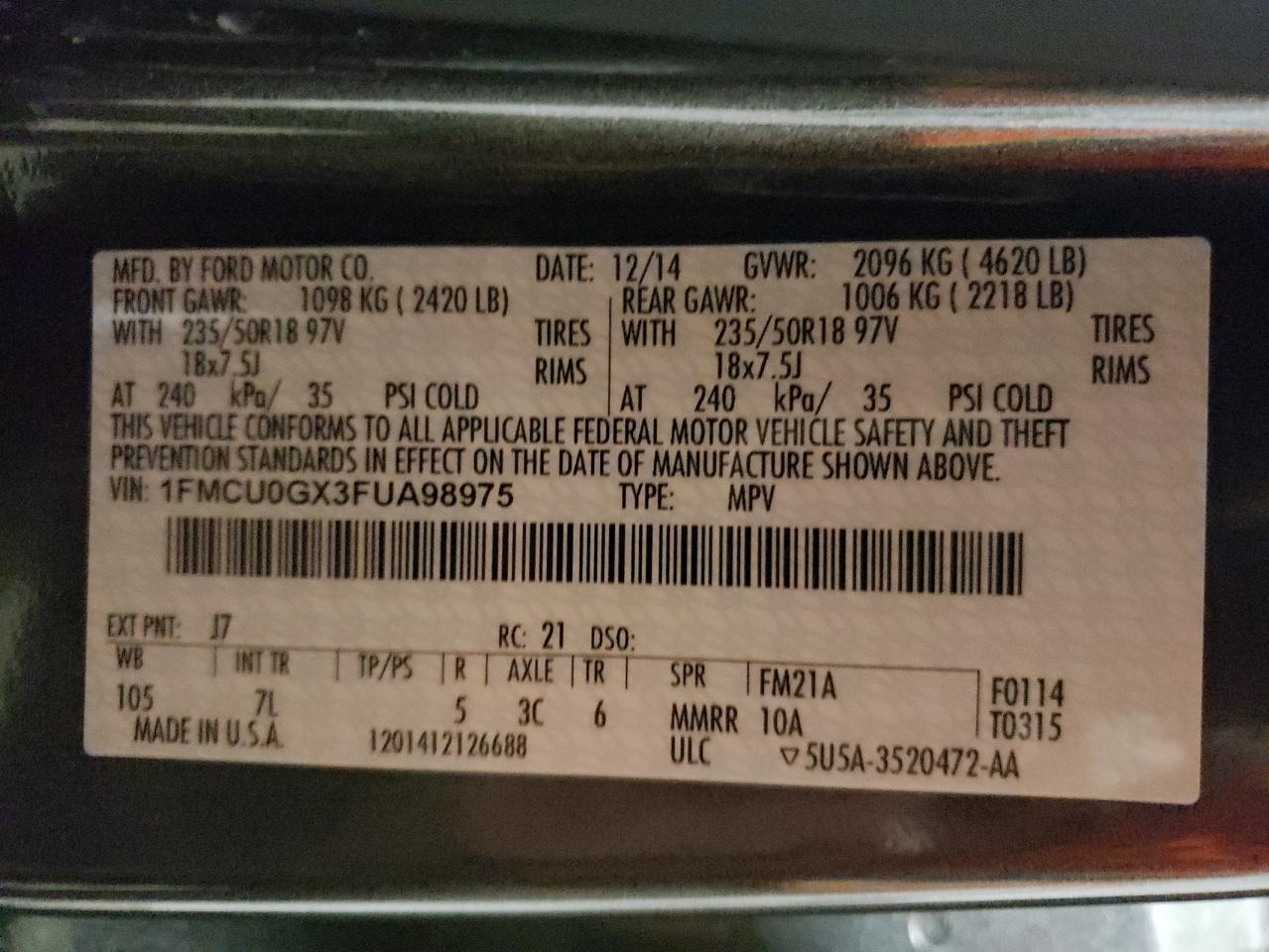 2015 Ford Escape VIN 1FMCU0GX3FUA98975 Copart auction photo, rear end / all over damage thumbnail 13