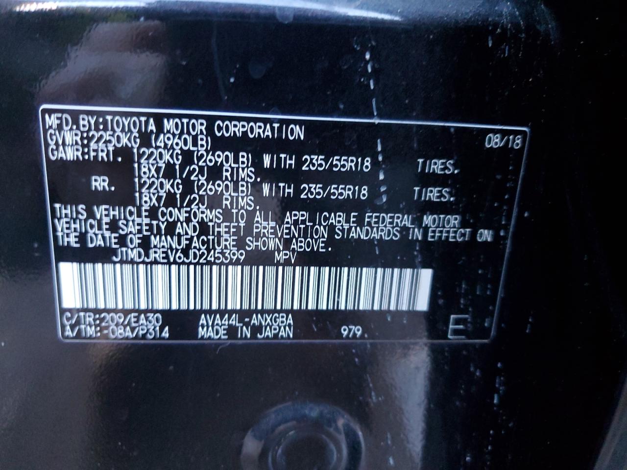 2018 Toyota RAV 4 VIN JTMDJREV6JD245399 Copart auction photo, front end / minor dent/scratches damage thumbnail 15